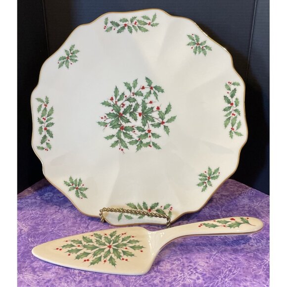 Lenox Holly Berry Cake Pie Tart Plate And Dessert Server Vintage 2 Piece USA - Picture 1 of 5